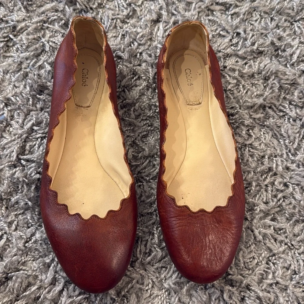 Chloe Lauren Ballet Ballerina Scalloped Flats Chestnut Cognac Brown size 37 (6)